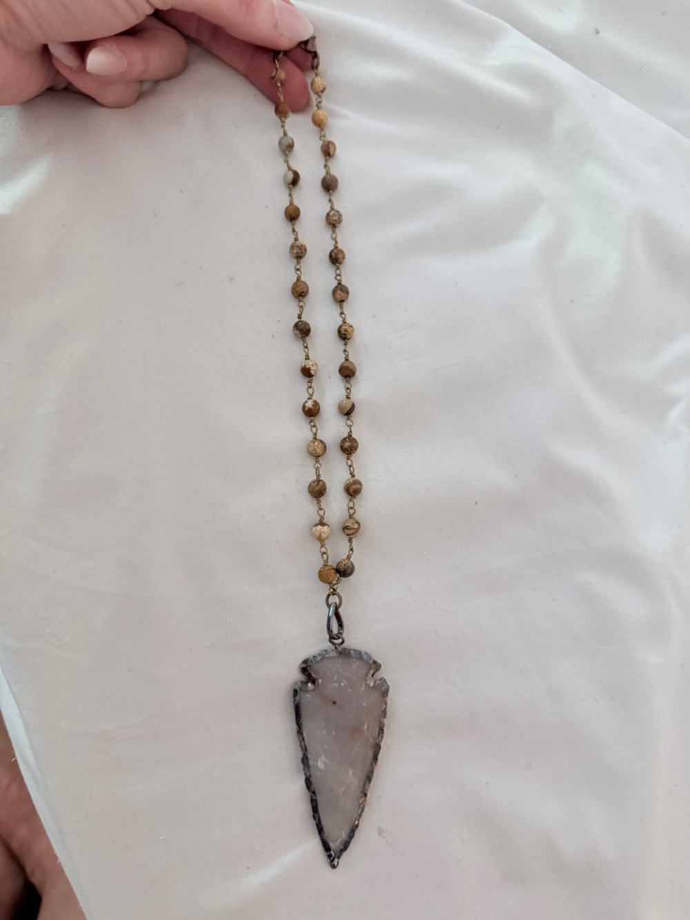 Boho Tan Jasper Beaded Necklace with Druzy Arrowhead Pendant